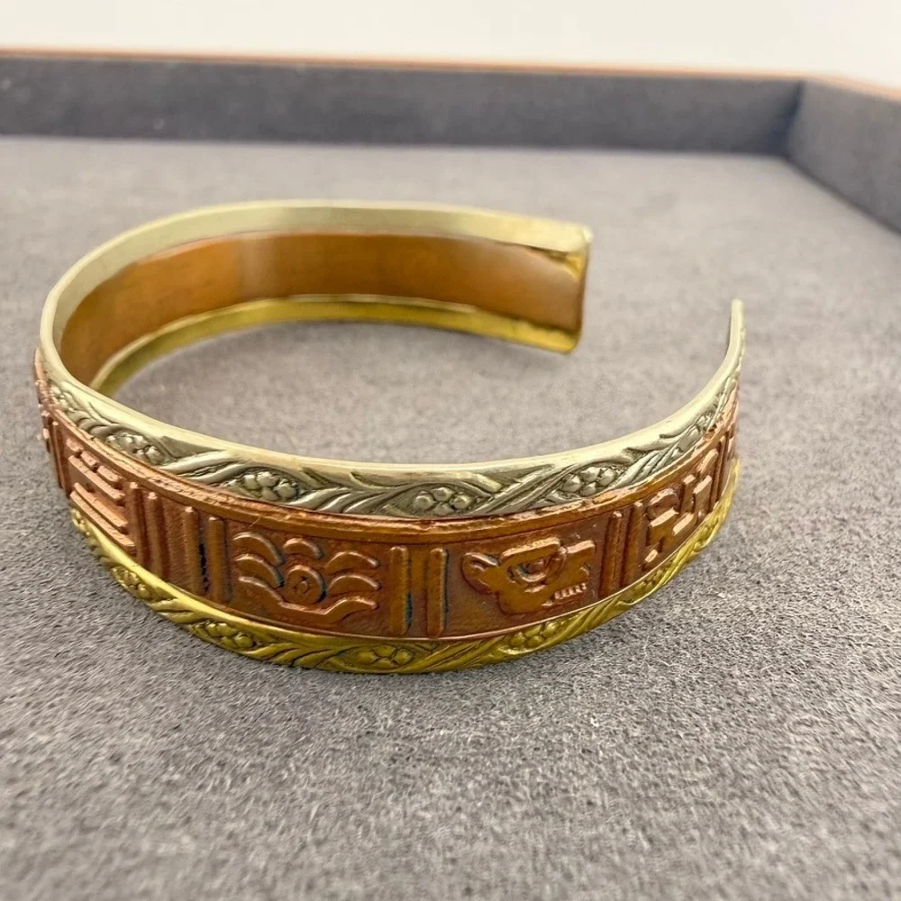 Mixed Metal Cuff Bracelet Animal Motif Tri-Tone Southwestern Embossed Design
